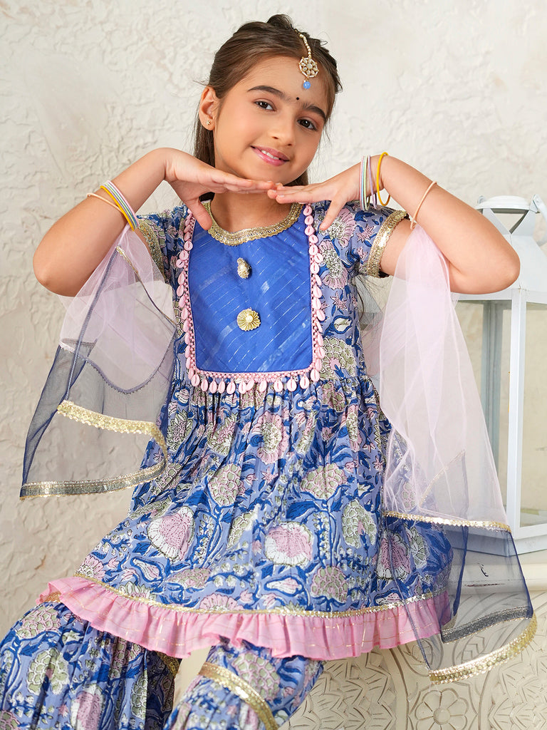 Pspeaches Girls Blue Ethnic Floral Print Cotton A-Line Kurta & Sharara With Dupatta ( Sku-Sha-Bluelurex )