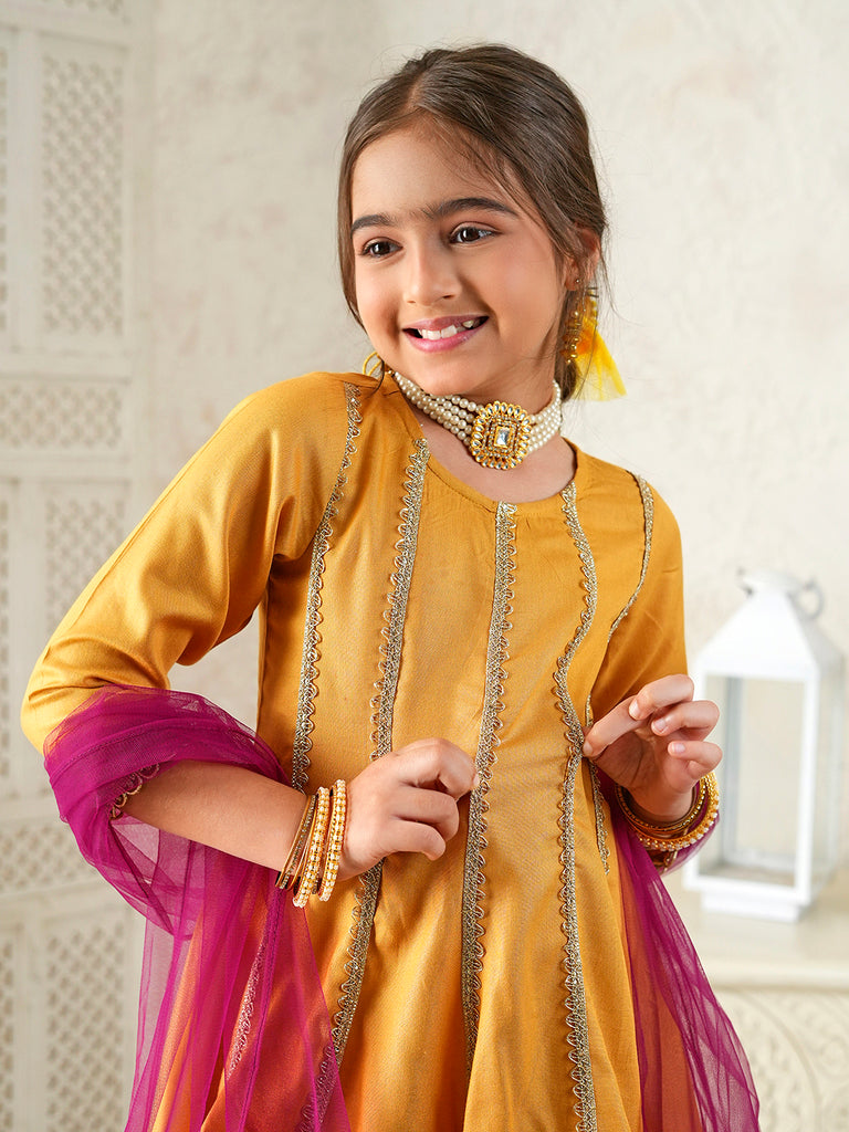 Pspeaches Girls Mustard Ethnic Floral Print Rayon A- Line Kurta & Sharara With Dupatta ( Sku-Sha-Mustardrayon )