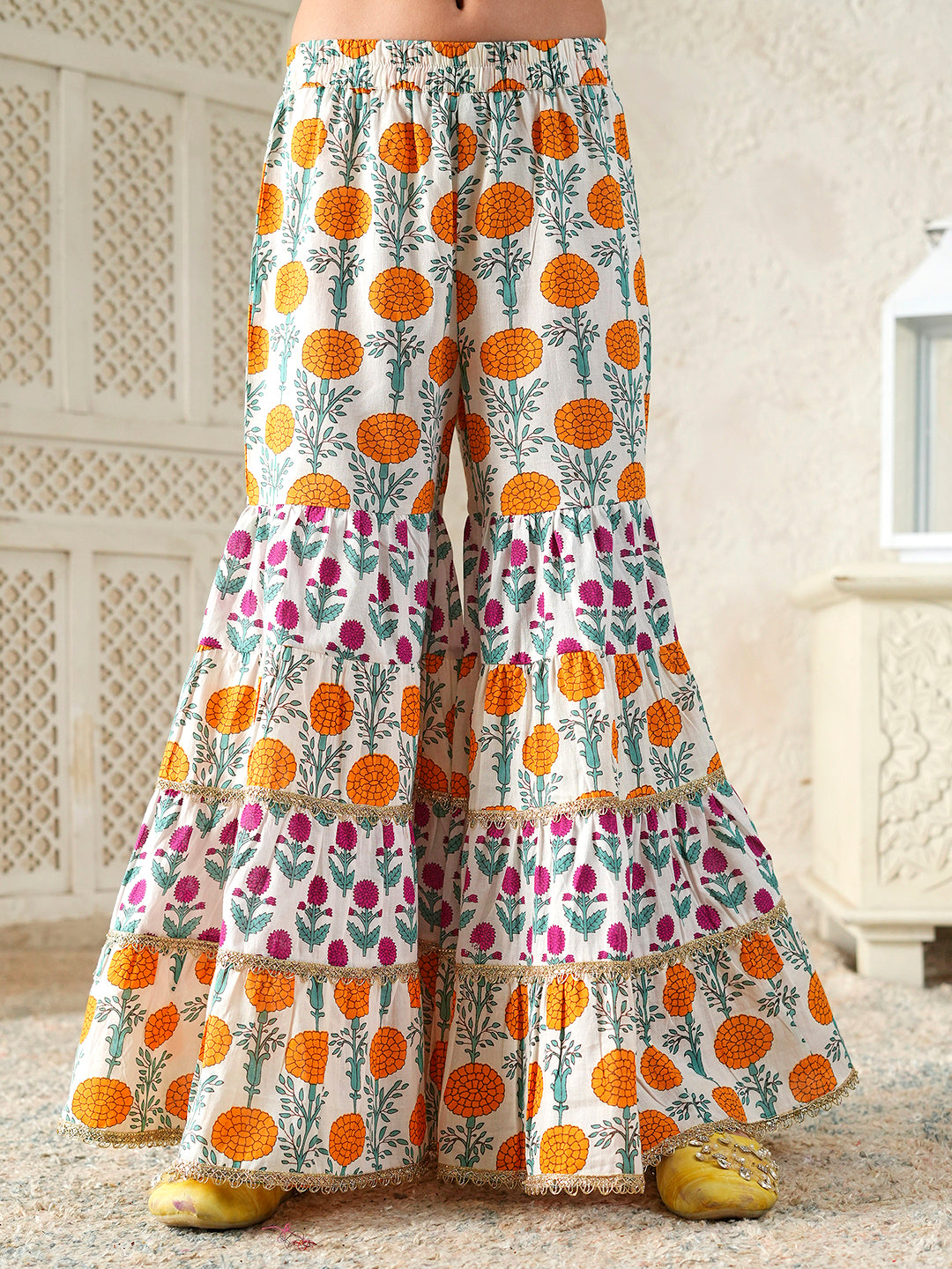 Pspeaches Girls Mustard Ethnic Floral Print Rayon A- Line Kurta & Sharara With Dupatta ( Sku-Sha-Mustardrayon )