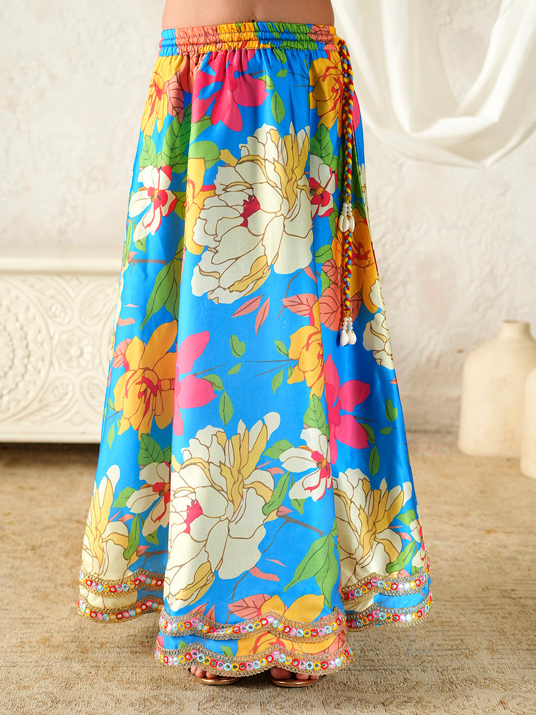 Pspeaches Girls Multi Ethnic Floral Print Satin Circular Lehenga & Choli With Dupatta ( Sku-L-Bluecrepe )