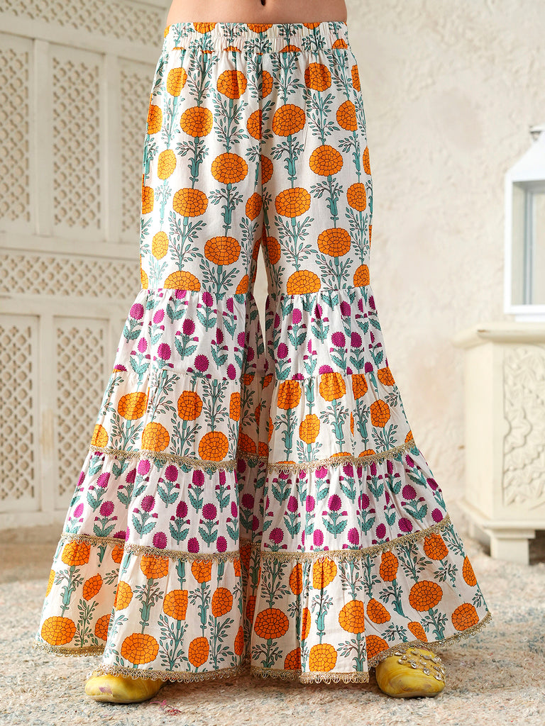 Pspeaches Girls Mustard Ethnic Floral Print Rayon A- Line Kurta & Sharara With Dupatta ( Sku-Sha-Mustardrayon )