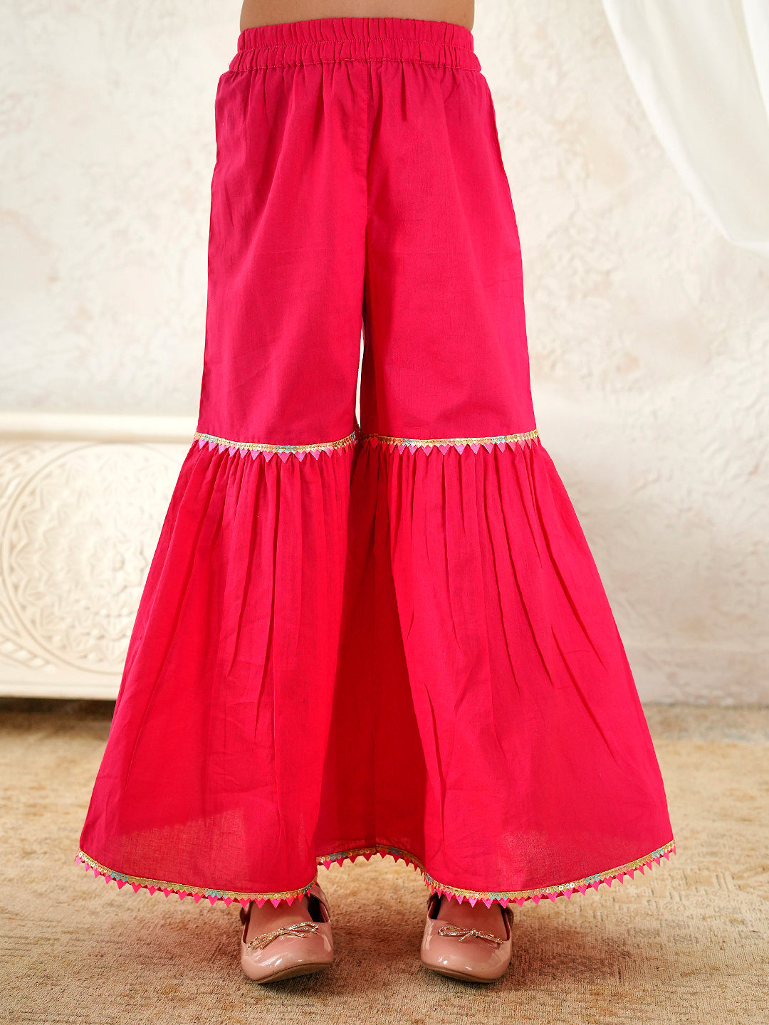 Pspeaches Girls Pink Ethnic Floral Print Rayon A-Line Kurta & Sharara With Dupatta ( Sku-Sha-Pinkmuslin )