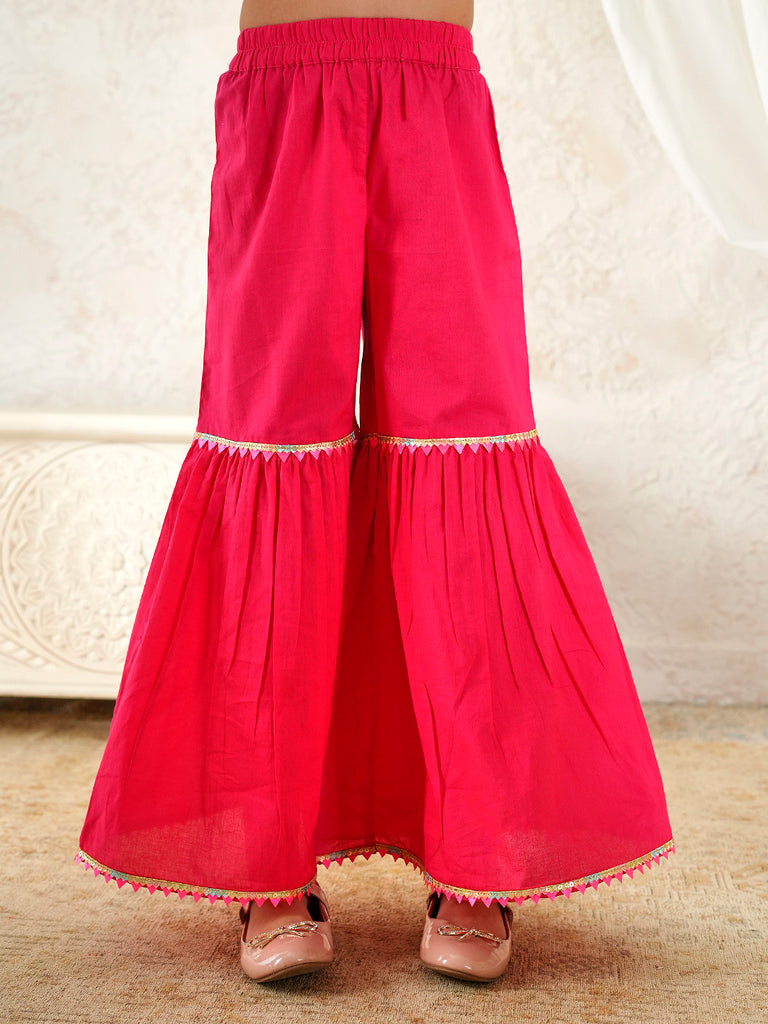 Pspeaches Girls Pink Ethnic Floral Print Rayon A-Line Kurta & Sharara With Dupatta ( Sku-Sha-Pinkmuslin )