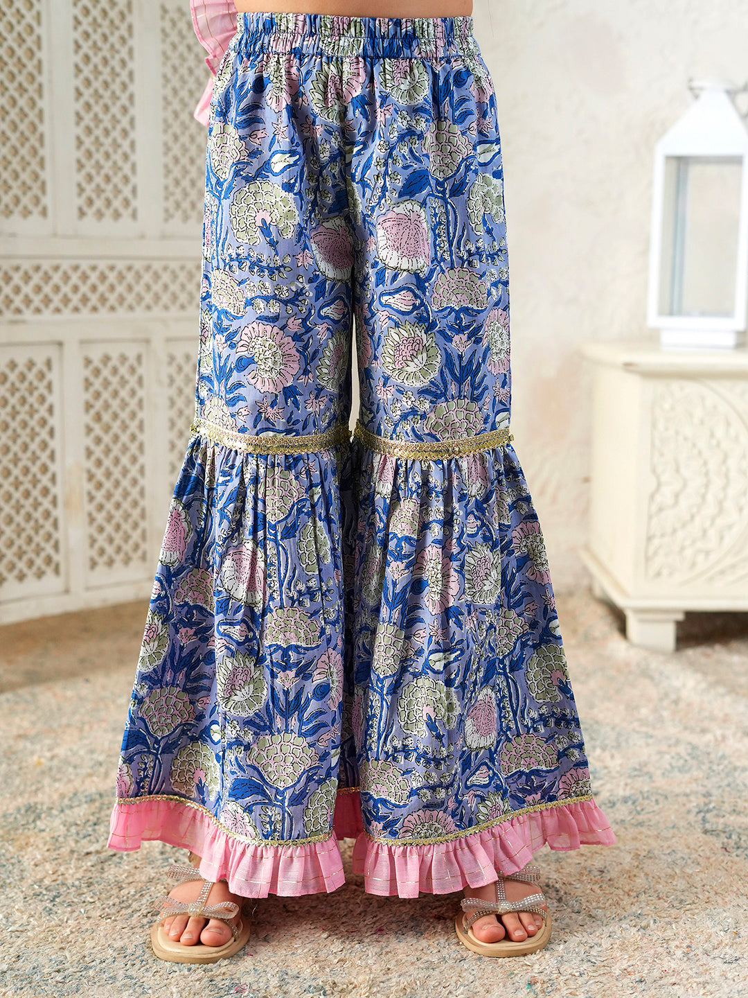 Pspeaches Girls Blue Ethnic Floral Print Cotton A-Line Kurta & Sharara With Dupatta ( Sku-Sha-Bluelurex )