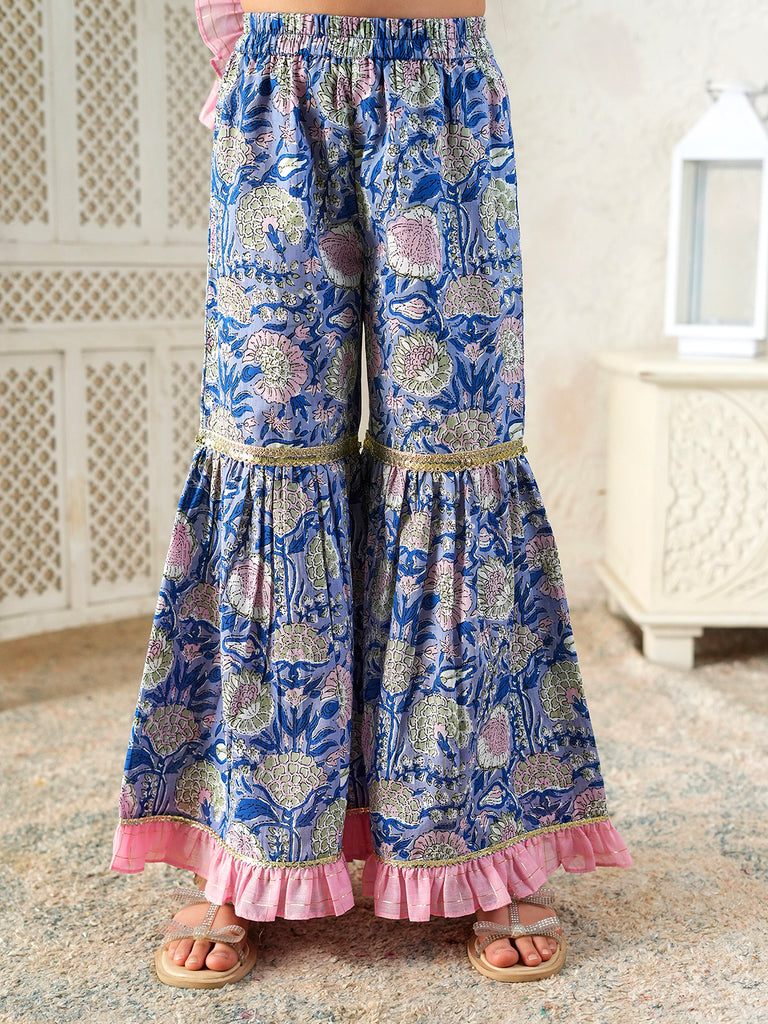 Pspeaches Girls Blue Ethnic Floral Print Cotton A-Line Kurta & Sharara With Dupatta ( Sku-Sha-Bluelurex )
