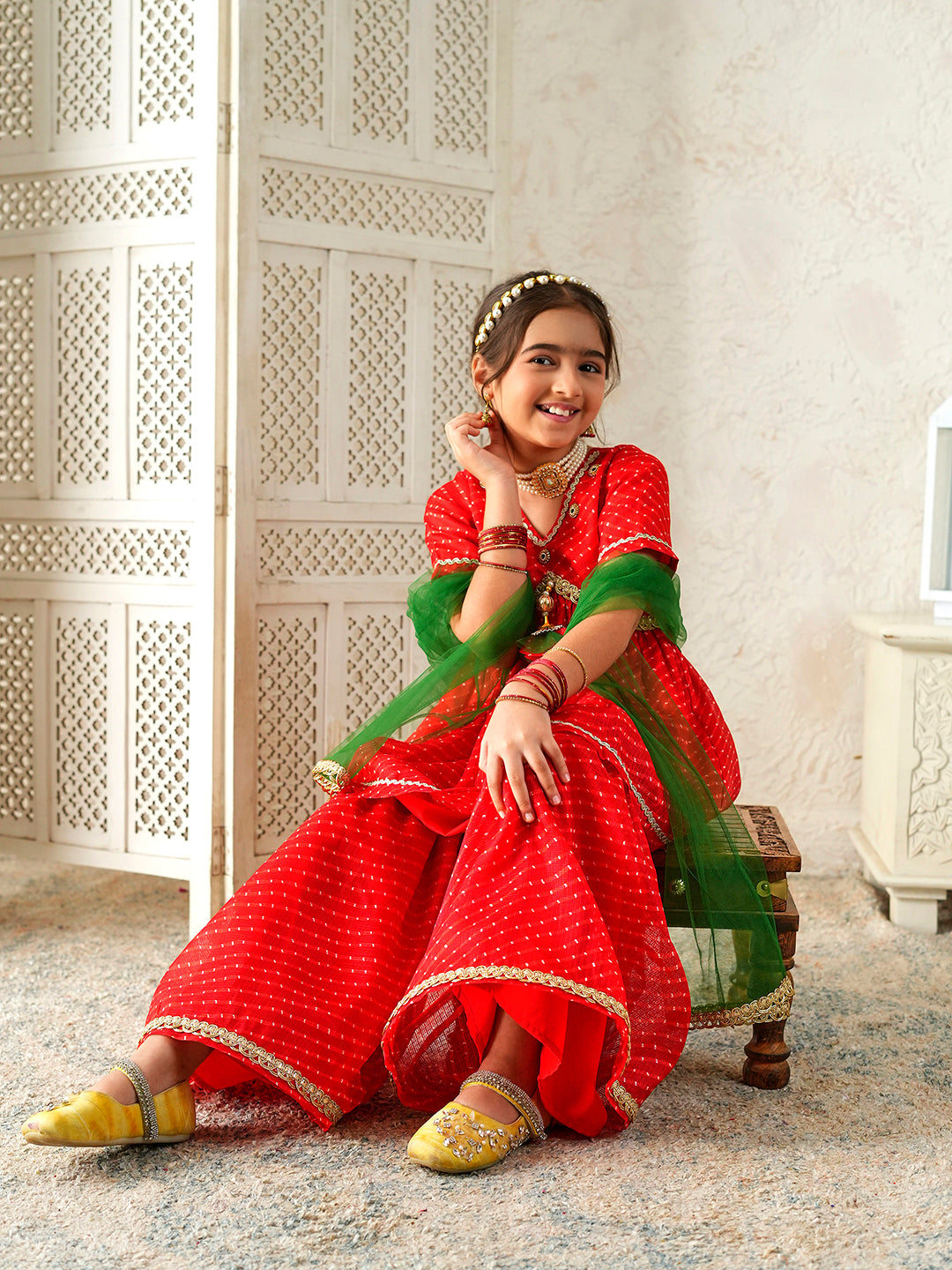 Pspeaches Girls Red Ethnic Leheriya Print Kota-Doria A-Line Kurta & Sharara With Dupatta ( Sku-Sha-Redleheriya )