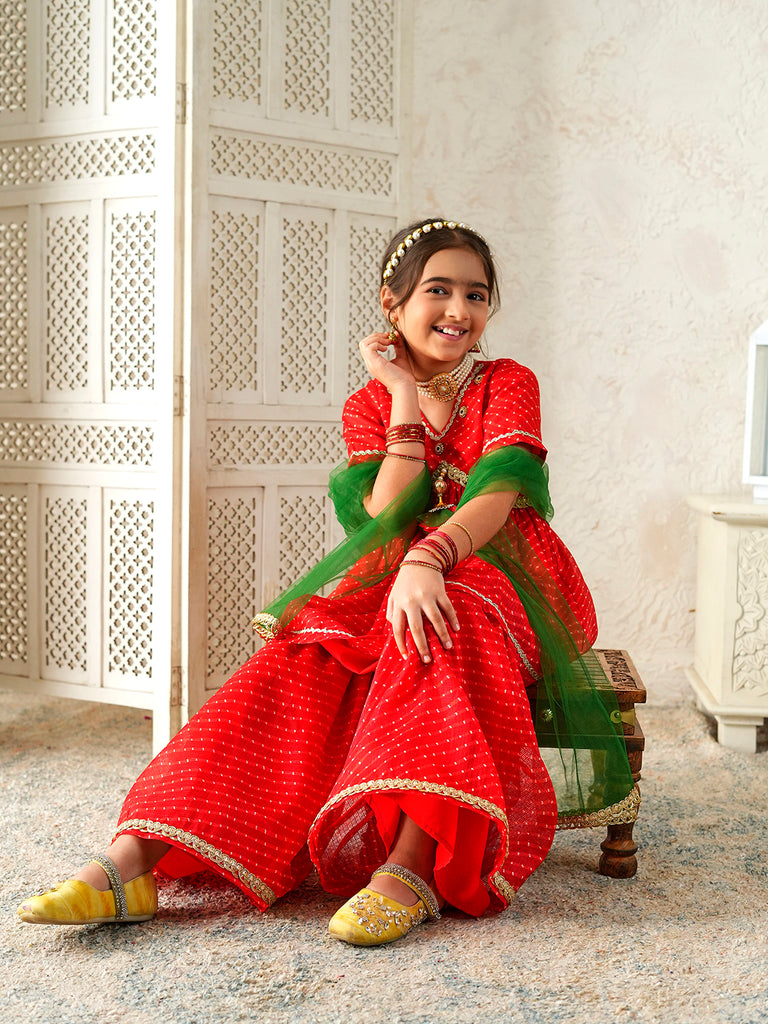 Pspeaches Girls Red Ethnic Leheriya Print Kota-Doria A-Line Kurta & Sharara With Dupatta ( Sku-Sha-Redleheriya )