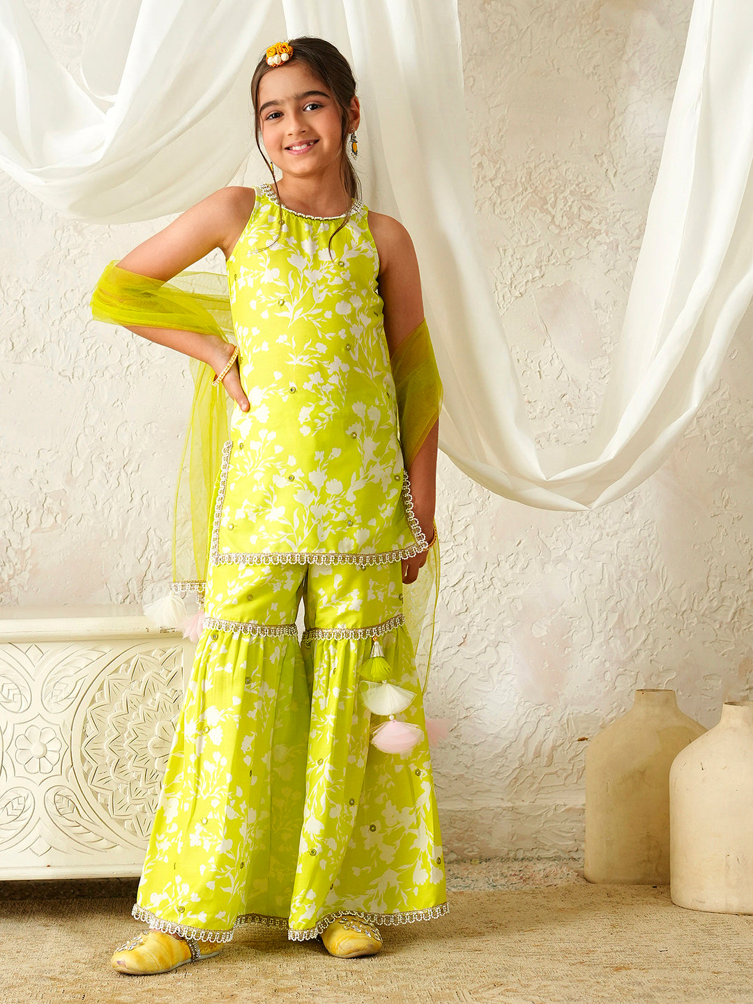 Pspeaches Girls Lime-Green Ethnic Floral Print Rayon A-Line Kurta & Sharara With Dupatta ( Sku-Sha-Limemuslin )
