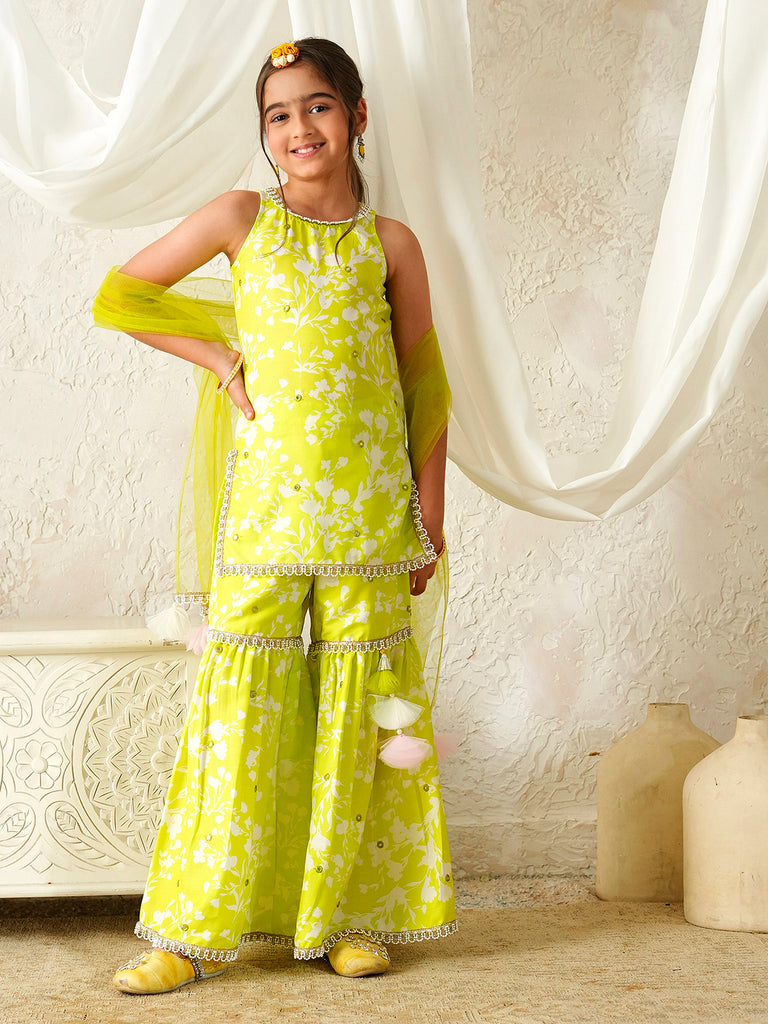 Pspeaches Girls Lime-Green Ethnic Floral Print Rayon A-Line Kurta & Sharara With Dupatta ( Sku-Sha-Limemuslin )