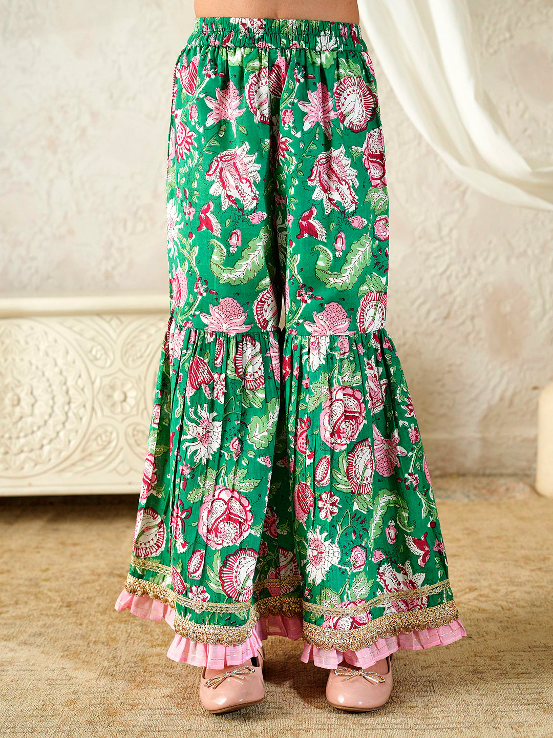 Pspeaches Girls Pink & Green Ethnic Floral Print Cotton A-Line Kurta & Sharara With Dupatta ( Sku-Sha-Greenlurex )