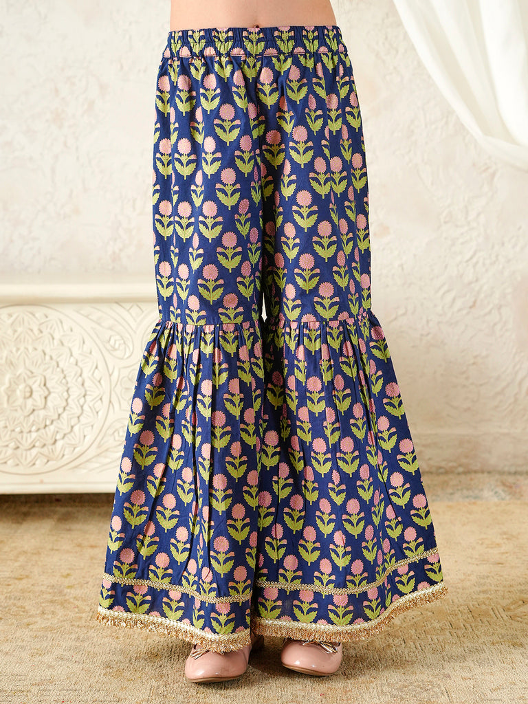 Pspeaches Girls Blue Ethnic Floral Print Cotton A-Line Kurta & Sharara With Dupatta ( Sku-Sha-Navyblcambric )