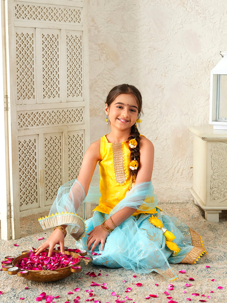 Pspeaches Girls Yellow & Sky Blue Ethnic Foil Print Kota Doria Circular Lehenga & Choli With Dupatta ( Sku-L-Blueshimmer )