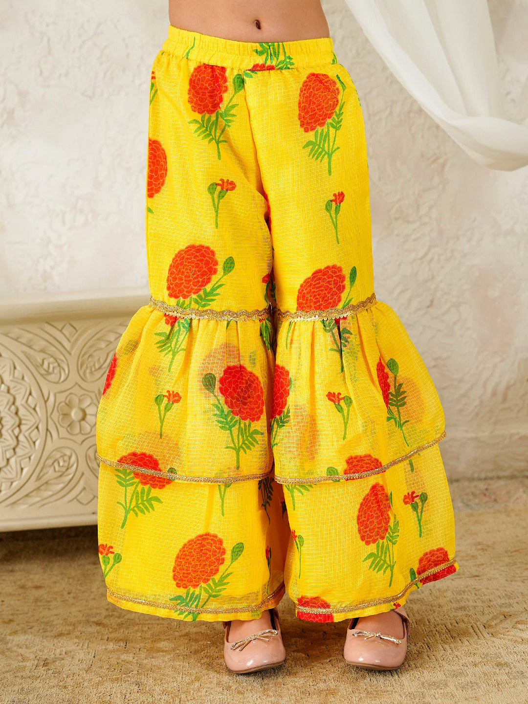 Pspeaches Girls Yellow Ethnic Floral Print Kota-Doria A-Line Kurta & Sharara With Dupatta ( Sku-Sha-Ylredrose )