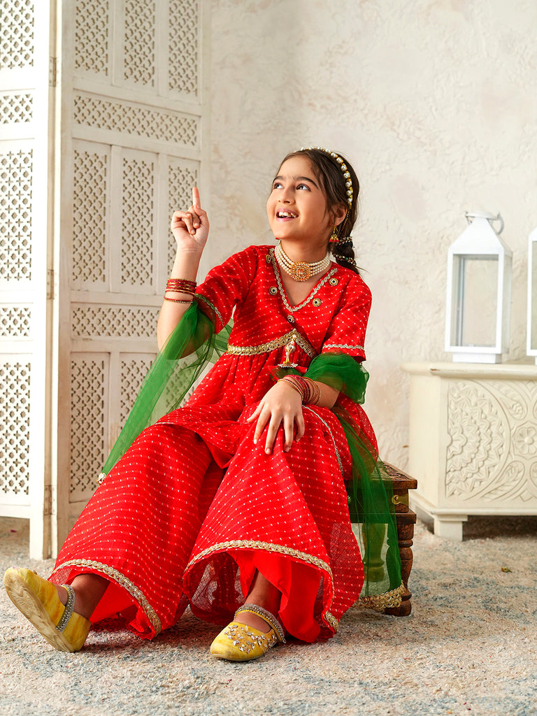 Pspeaches Girls Red Ethnic Leheriya Print Kota-Doria A-Line Kurta & Sharara With Dupatta ( Sku-Sha-Redleheriya )