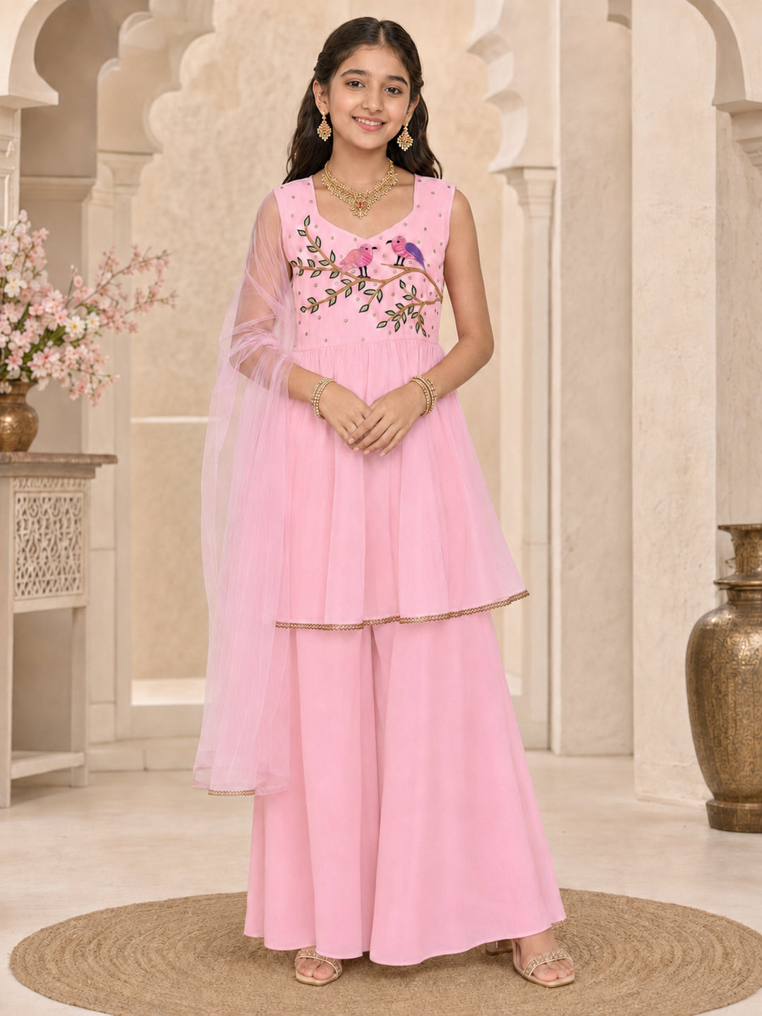 Pspeaches Girls Georgette Sleeveless Square Neck Embroidered Pink Kurti & Palazzo With Dupatta 3 Piece Set