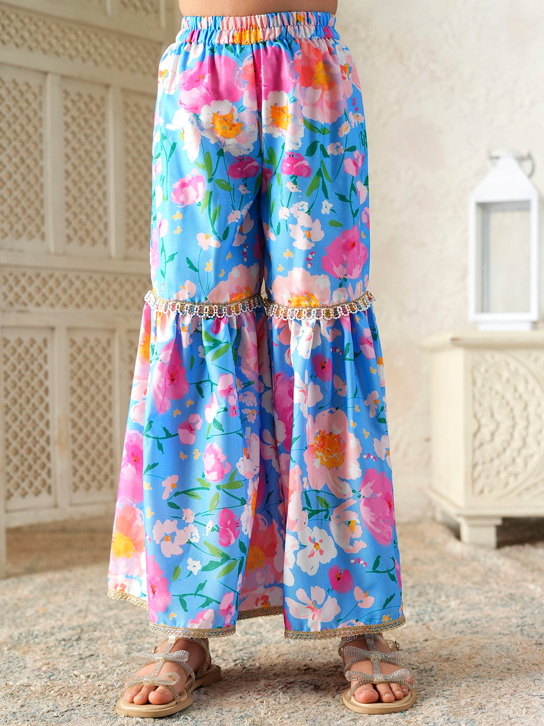 Pspeaches Girls Sky-Blue Ethnic Floral Print Rayon A-Line Kurta & Sharara With Dupatta ( Sku-Sha-Skybluemuslin )