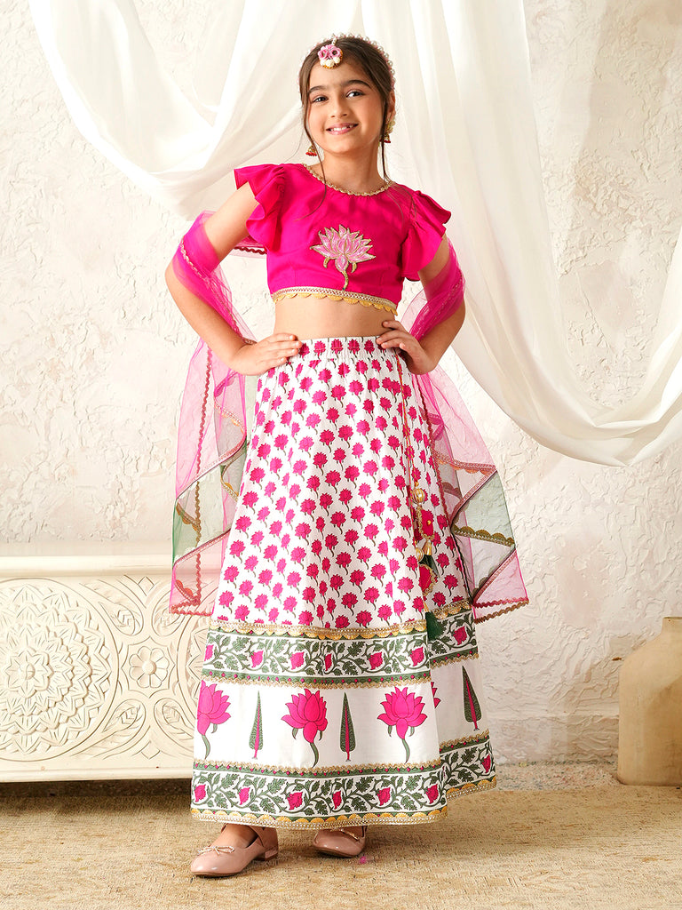 Pspeaches Girls Magenta & White Ethnic Booti Print Rayon Circular Lehenga & Choli With Dupatta ( Sku-L-Mglotuspatch )