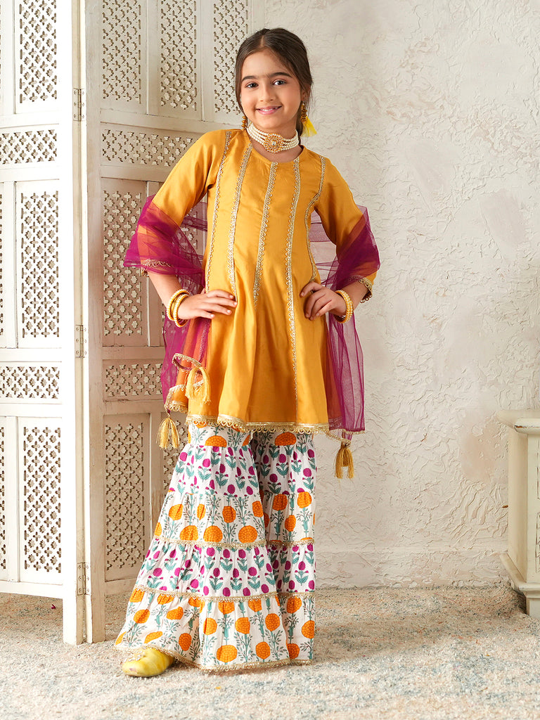 Pspeaches Girls Mustard Ethnic Floral Print Rayon A- Line Kurta & Sharara With Dupatta ( Sku-Sha-Mustardrayon )