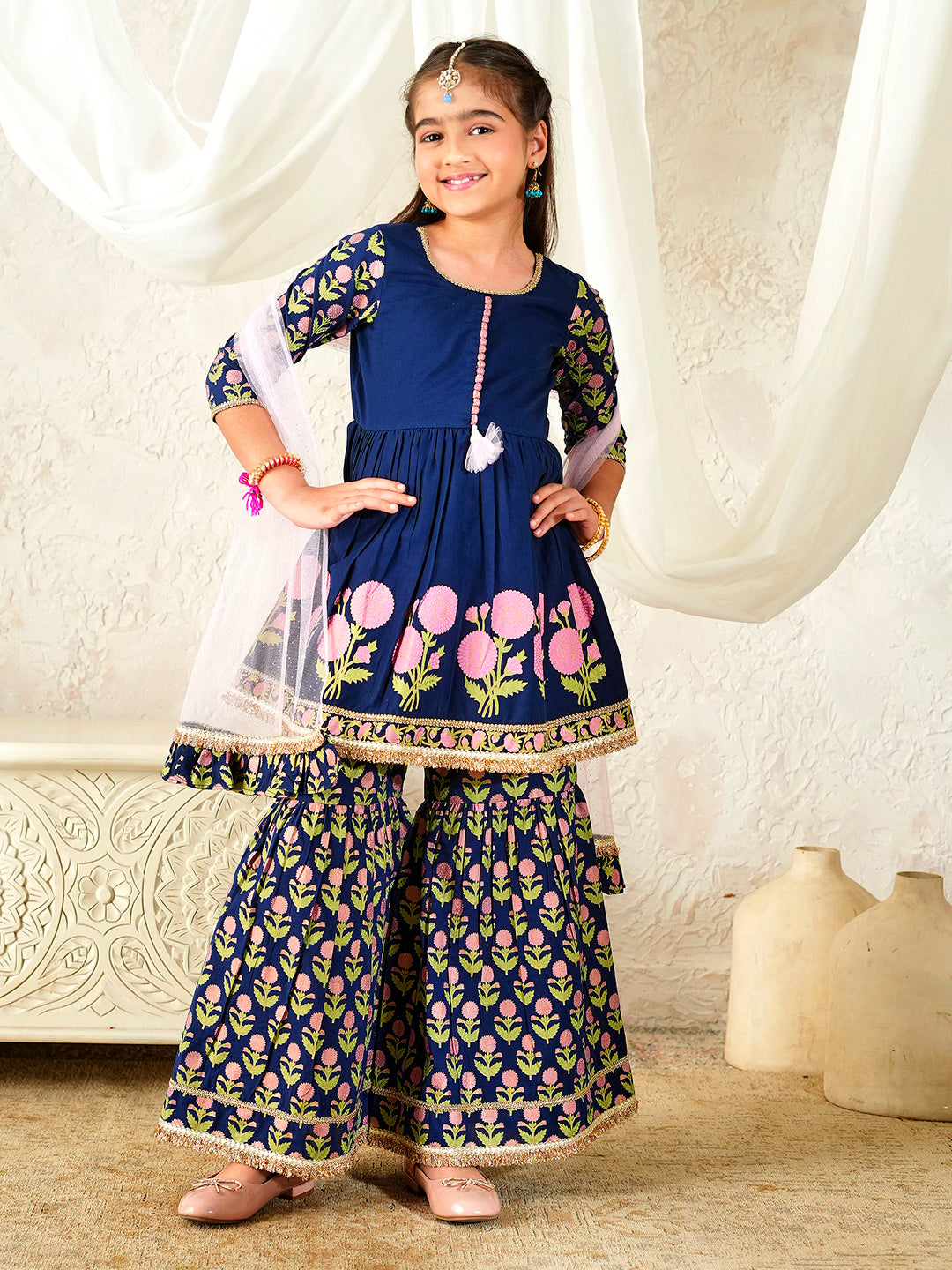 Pspeaches Girls Blue Ethnic Floral Print Cotton A-Line Kurta & Sharara With Dupatta ( Sku-Sha-Navyblcambric )