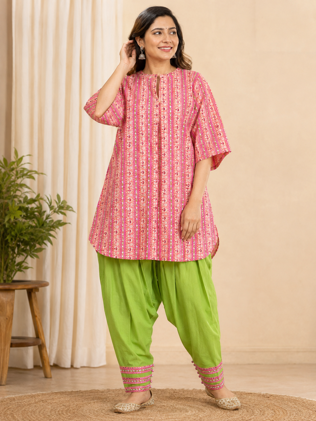 Women's Pink Cotton Striped Straight Kurta Set with Salwar