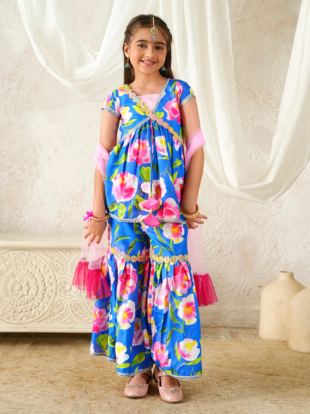 Pspeaches Girls Multi Ethnic Floral Print Rayon A-Line Kurta & Sharara With Dupatta ( Sku-Sha-Pinkwtrose )