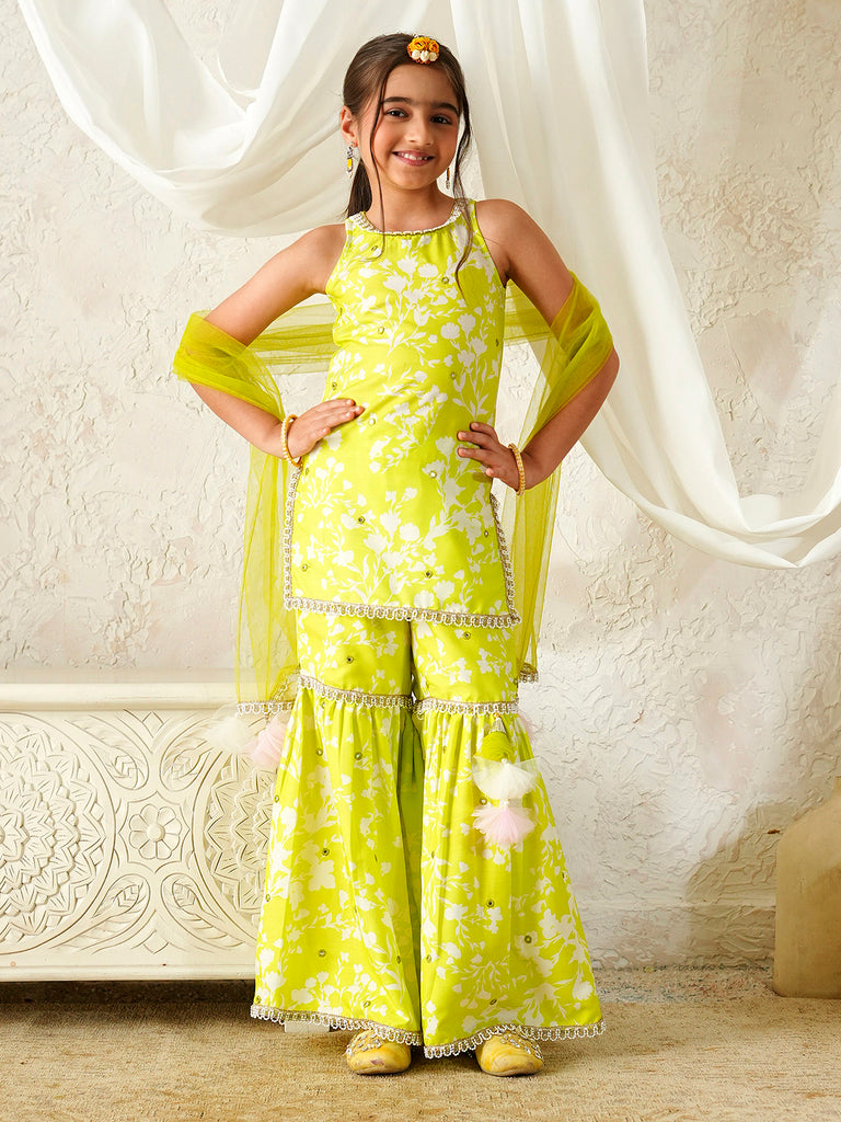 Pspeaches Girls Lime-Green Ethnic Floral Print Rayon A-Line Kurta & Sharara With Dupatta ( Sku-Sha-Limemuslin )