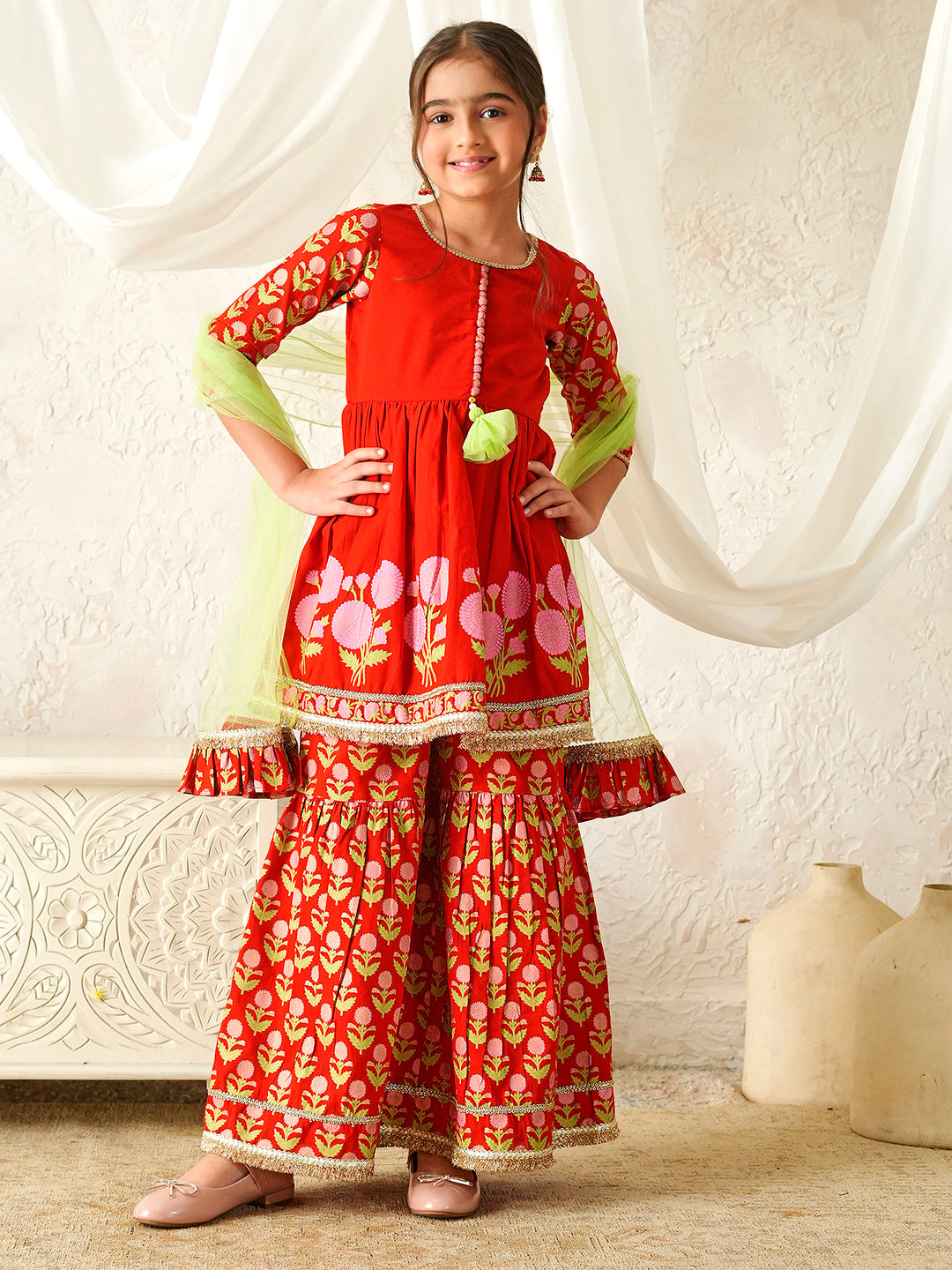 Pspeaches Girls Red Ethnic Booti Print Cotton A-Line Kurta & Sharara With Dupatta ( Sku-Sha-Redbooti )