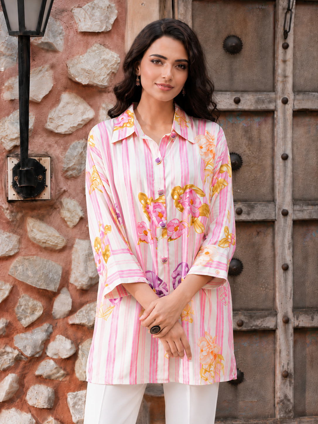 Women’s Pink Striped Printed Muslin Top