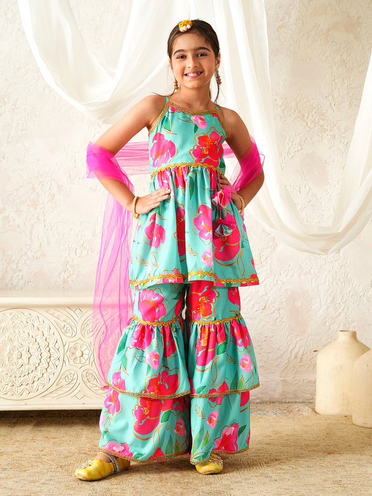 Pspeaches Girls Sea-Green Ethnic Floral Print Rayon A-Line Kurta & Sharara With Dupatta ( Sku-Sha-Tlgreenkota )