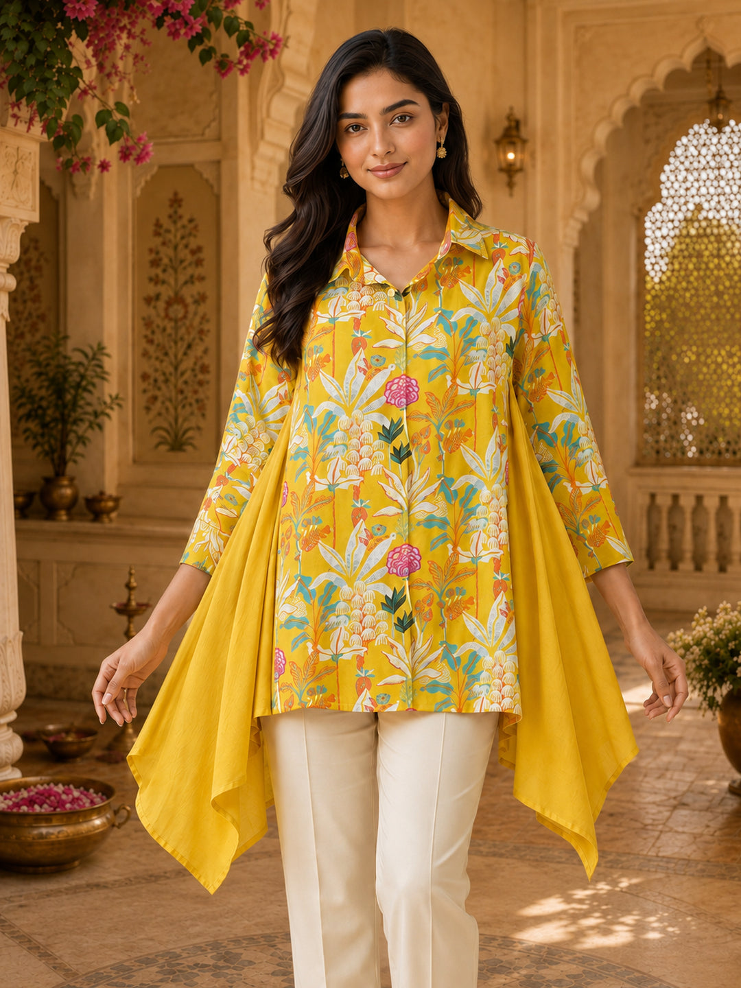 Women’s Yellow Floral Asymmetrical Muslin Top