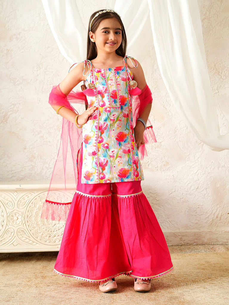 Pspeaches Girls Pink Ethnic Floral Print Rayon A-Line Kurta & Sharara With Dupatta ( Sku-Sha-Pinkmuslin )