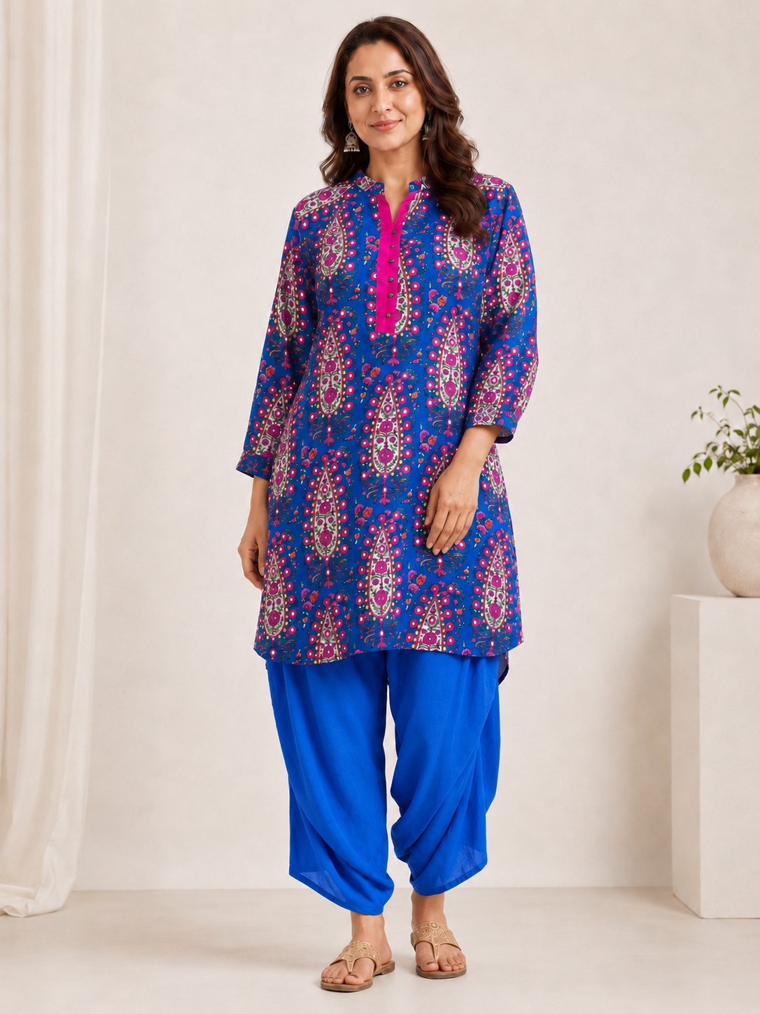 Women's Blue Cotton Mirror Printed Straight Kurta Set with Pants