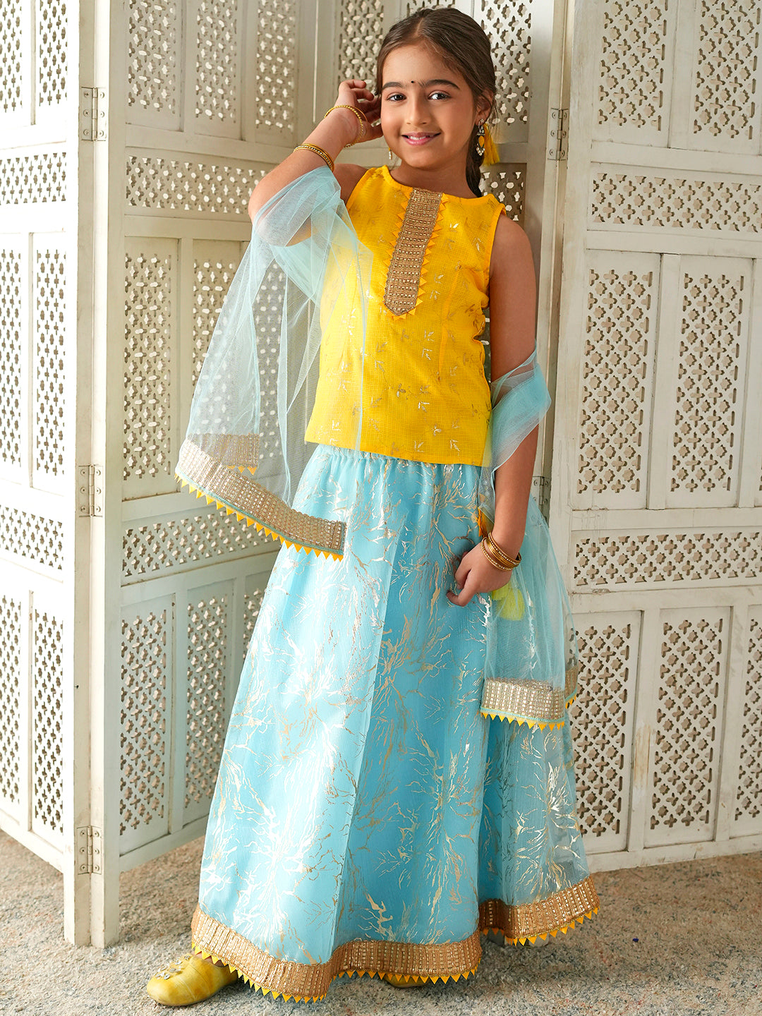 Pspeaches Girls Yellow & Sky Blue Ethnic Foil Print Kota Doria Circular Lehenga & Choli With Dupatta ( Sku-L-Blueshimmer )