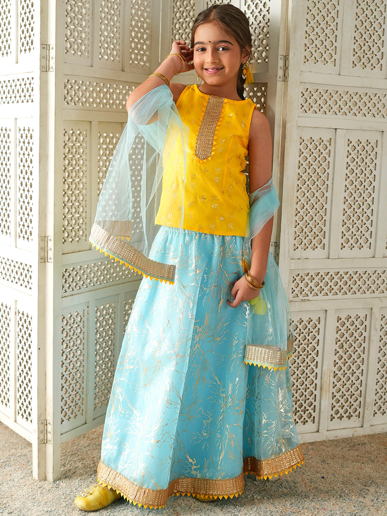 Pspeaches Girls Yellow & Sky Blue Ethnic Foil Print Kota Doria Circular Lehenga & Choli With Dupatta ( Sku-L-Blueshimmer )