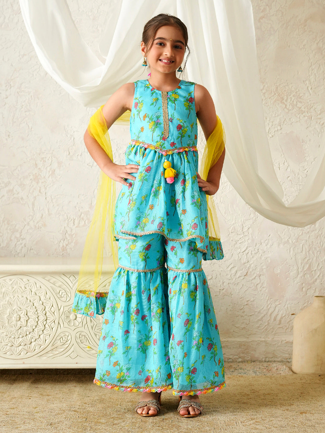 Pspeaches Girls Turquoise & Yellow Ethnic Floral Print Kota-Doria A-Line Kurta & Sharara With Dupatta ( Sku-Sha-Turqkota )