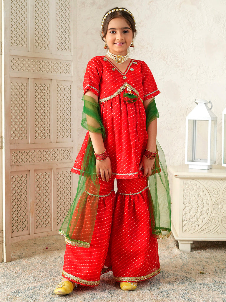 Pspeaches Girls Red Ethnic Leheriya Print Kota-Doria A-Line Kurta & Sharara With Dupatta ( Sku-Sha-Redleheriya )