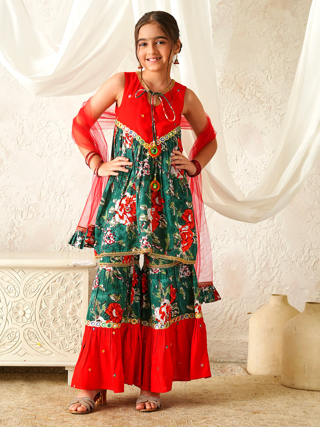 Pspeaches Girls Red & Green Ethnic Floral Print Cotton A-Line Kurta & Sharara With Dupatta ( Sku-Sha-Redgreenmirror )