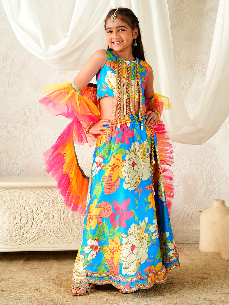 Pspeaches Girls Multi Ethnic Floral Print Satin Circular Lehenga & Choli With Dupatta ( Sku-L-Bluecrepe )