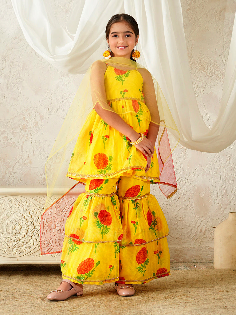 Pspeaches Girls Yellow Ethnic Floral Print Kota-Doria A-Line Kurta & Sharara With Dupatta ( Sku-Sha-Ylredrose )