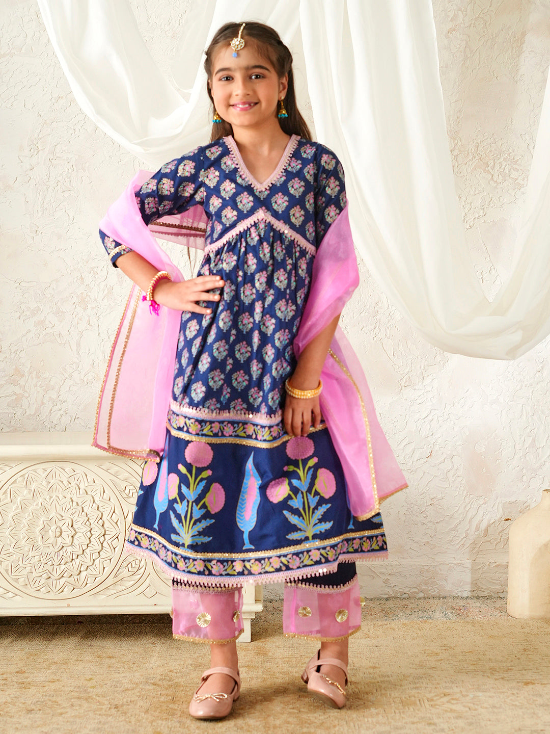 Pspeaches Girls Navy Blue & Pink Ethnic Floral Print Cotton A-Line Kurta & Pant With Dupatta ( Sku-Ks-Pinksunflower )