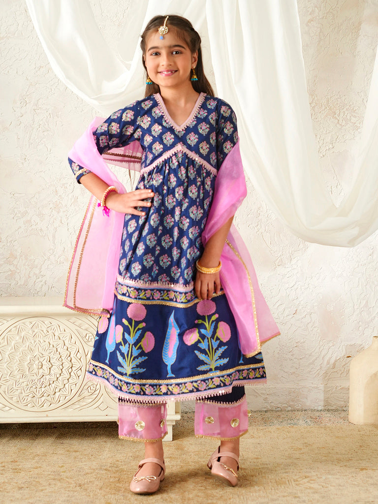 Pspeaches Girls Navy Blue & Pink Ethnic Floral Print Cotton A-Line Kurta & Pant With Dupatta ( Sku-Ks-Pinksunflower )