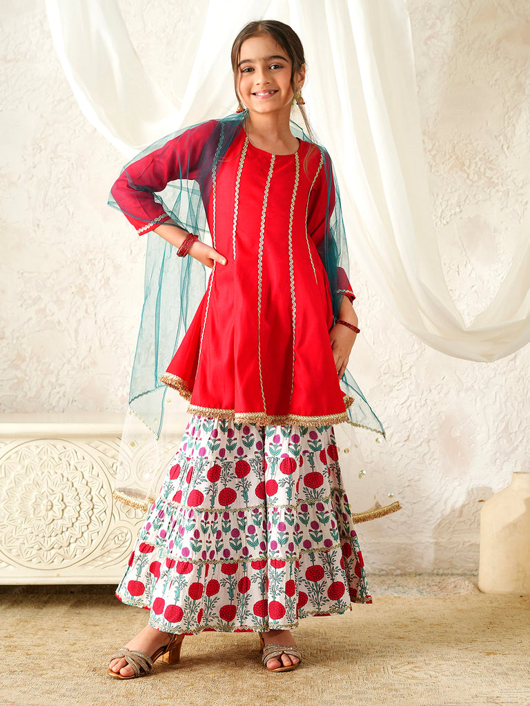 Pspeaches Girls Red Ethnic Floral Print Rayon A-Line Kurta & Sharara With Dupatta ( Sku-Sha-Redrayon )