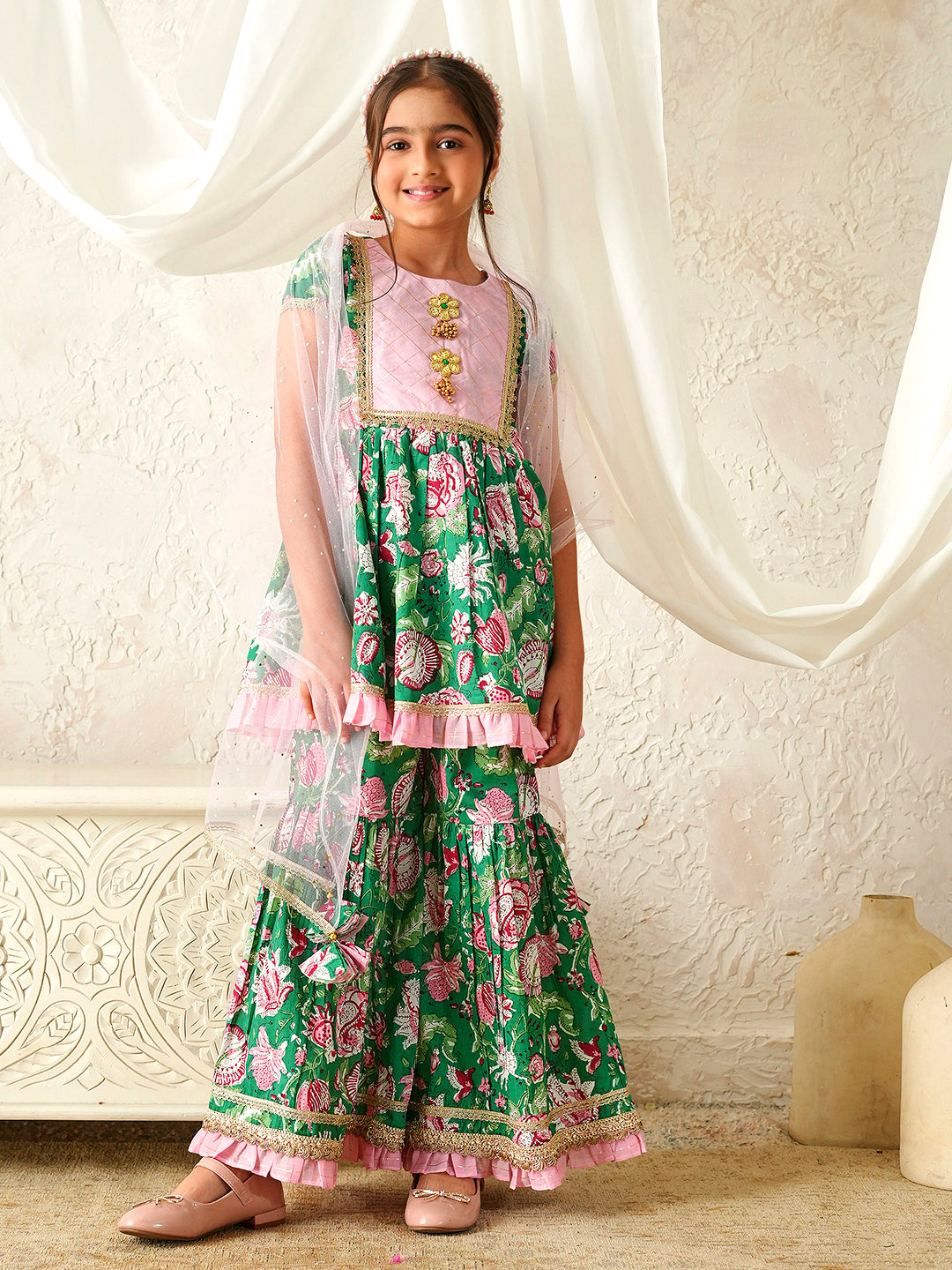 Pspeaches Girls Pink & Green Ethnic Floral Print Cotton A-Line Kurta & Sharara With Dupatta ( Sku-Sha-Greenlurex )