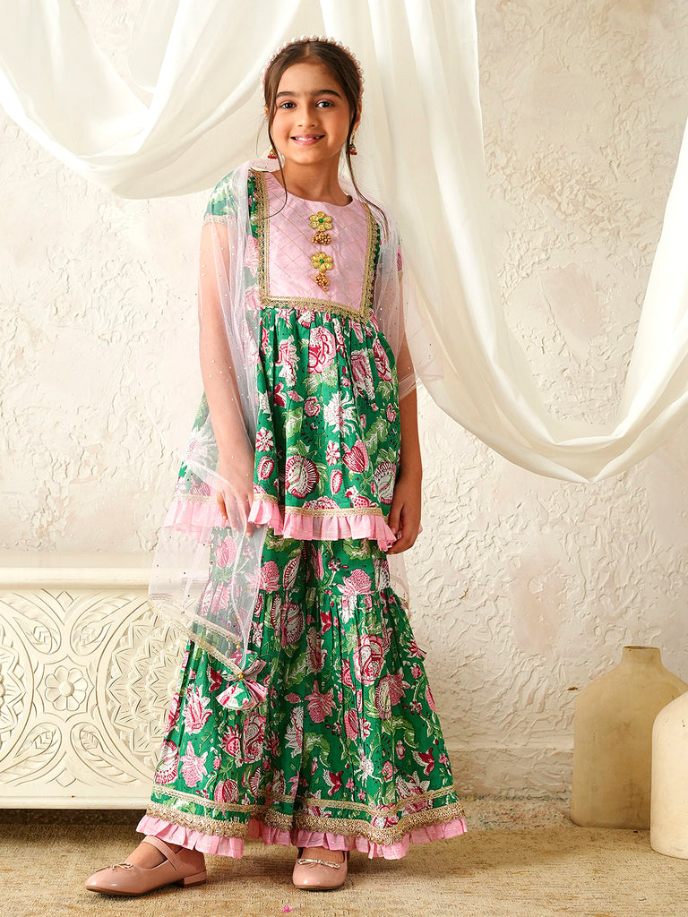 Pspeaches Girls Pink & Green Ethnic Floral Print Cotton A-Line Kurta & Sharara With Dupatta ( Sku-Sha-Greenlurex )