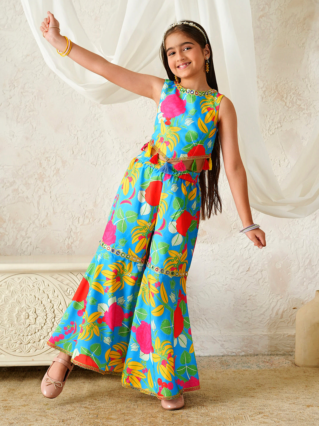Pspeaches Girls Blue Ethnic Floral Print Rayon Regular Crop Top With Sharara Set ( Sku-Sha-Bluemuslin )