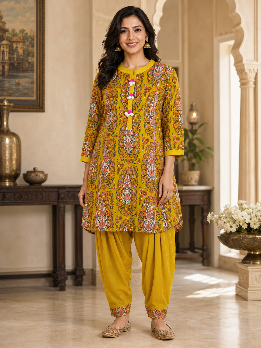 Women’s Yellow Floral Cotton Mirror Work Kurta Set