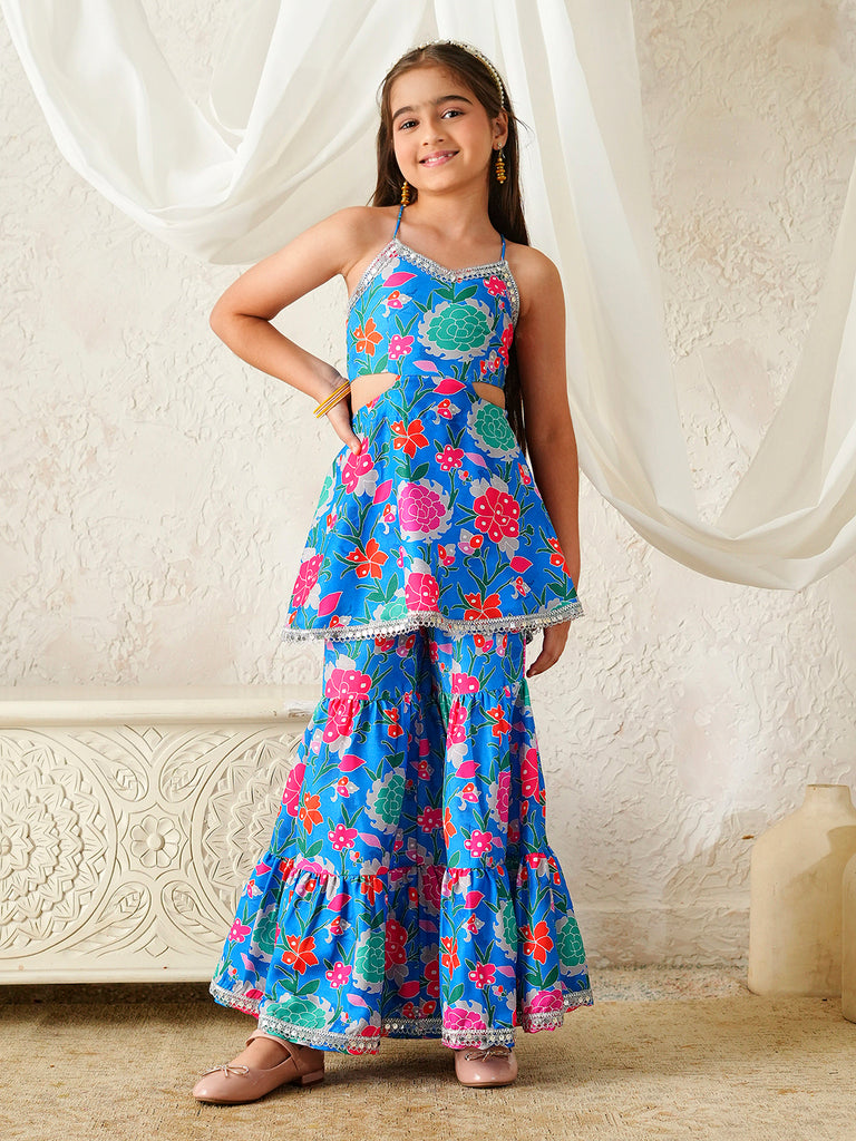 Pspeaches Girls Blue Ethnic Floral Print Rayon A-Line Kurta With Sharara Set ( Sku-Sha-Bluevoile )