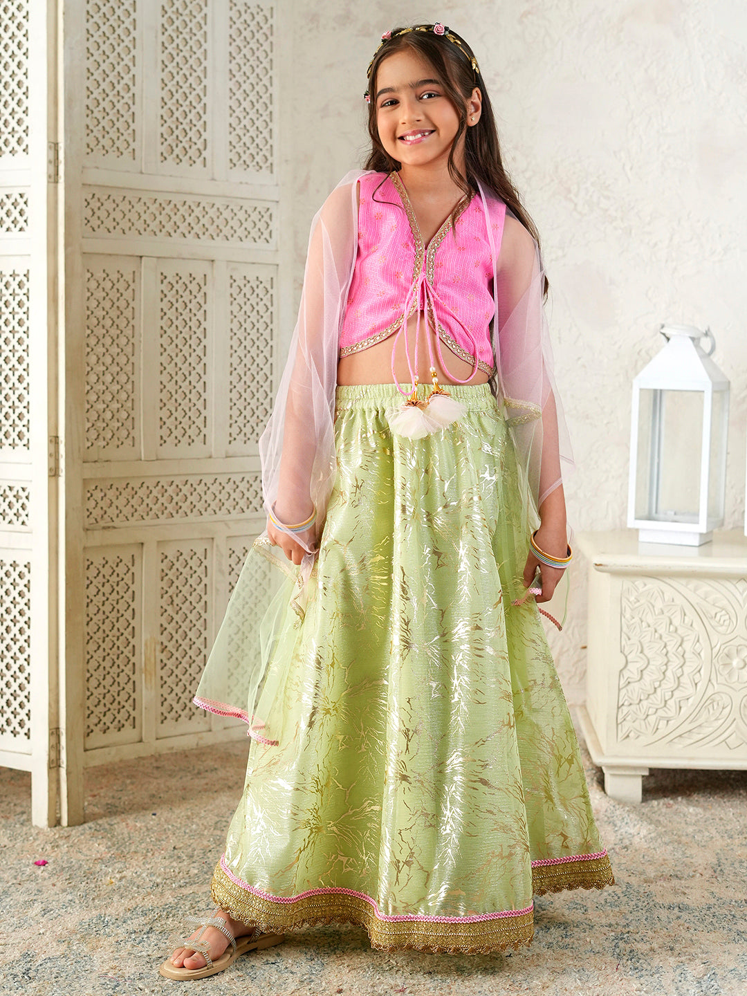 Pspeaches Girls Pink & Pista Green Ethnic Foil Print Kota Doria Circular Lehenga & Choli With Dupatta ( Sku-L-Greenshimmer )