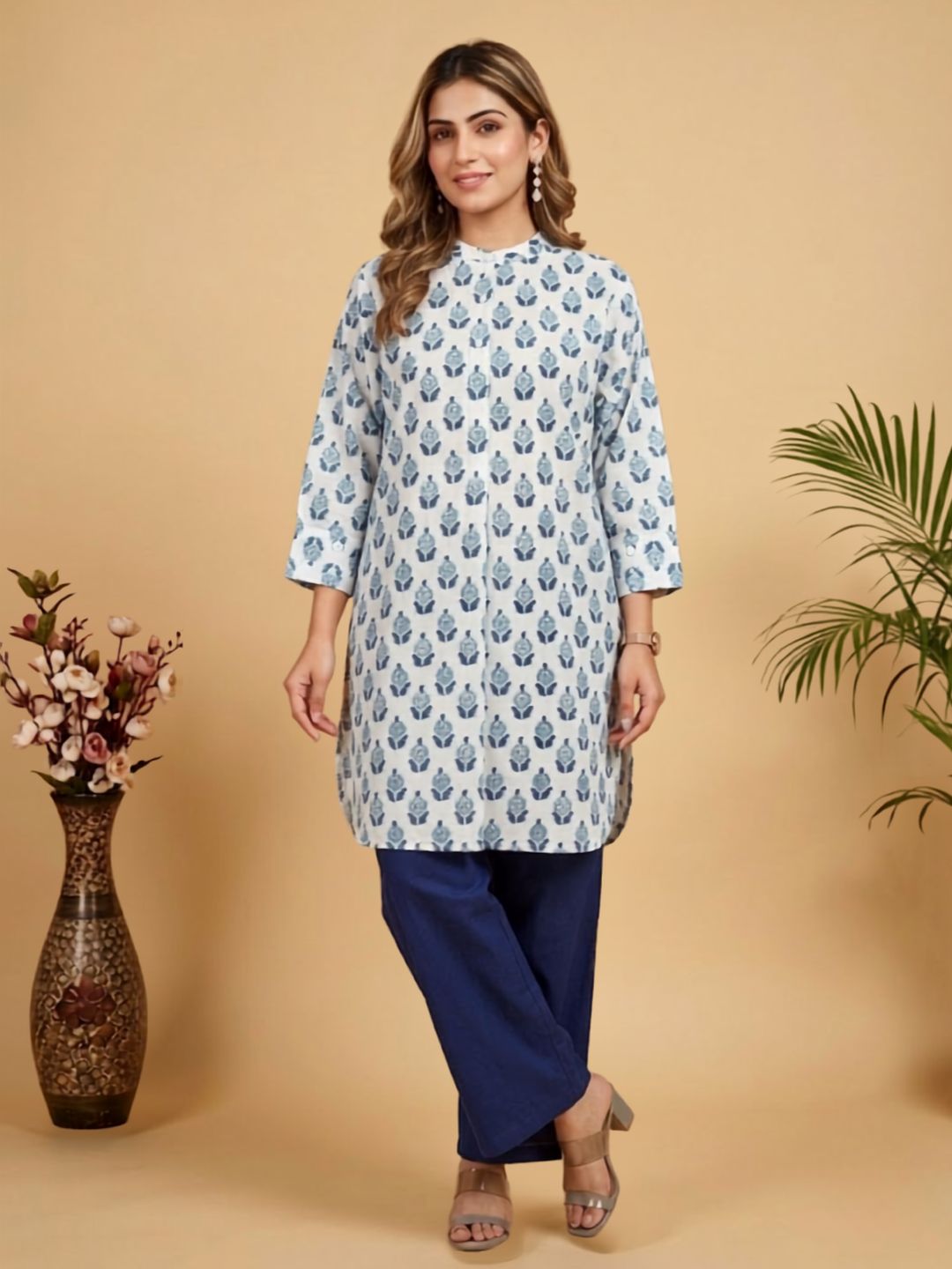 Pspeaches Women Cotton Full Sleeves Mandarin Collar Floral Print Kurta With Pant 2 Piece Set - White & Blue