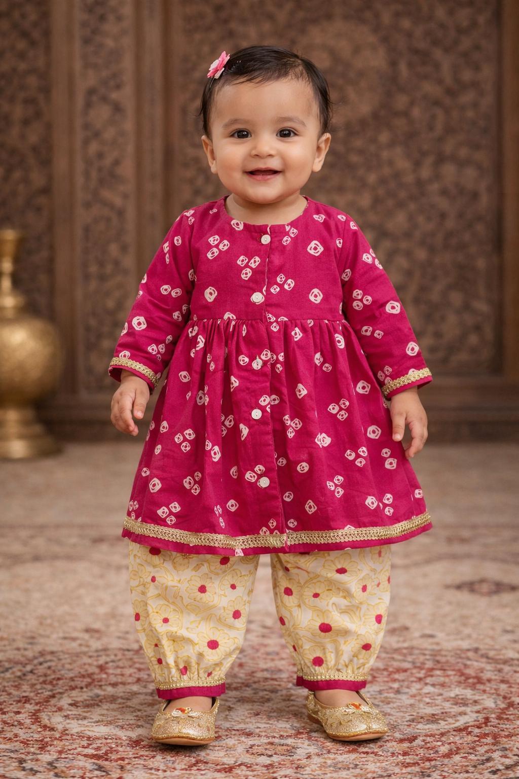 Pspeaches Baby Girls Rani Pink Ethnic Booti Print Cotton A-Line Kurta & Pant Set ( Sku-Ing-Ranibooti )